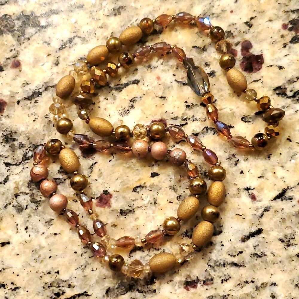 Handmade Brown Beaded single Strand Necklace Gold Amber Neutral Layered